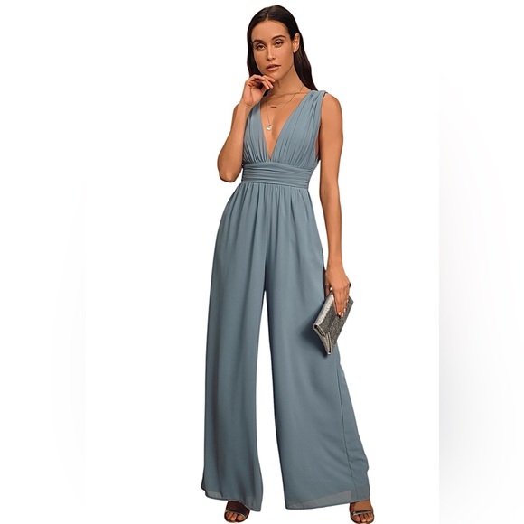 Lulus Pants - Lulus Divine Muse Slate Blue Wide Leg Jumpsuit Size XS NWT
